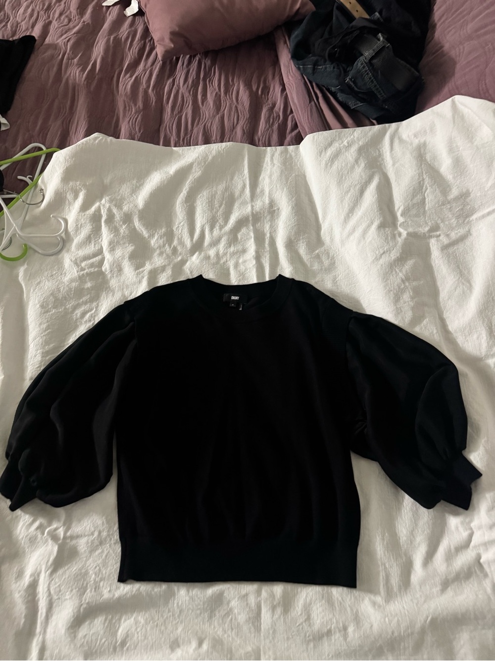 DKNY Black Puff-Sleeve Crewneck Top